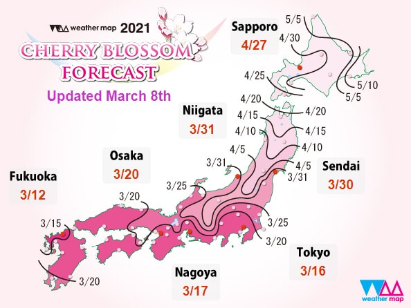 ตารางพยากรณ์ซากุระบาน 2021 ที่ญี่ปุ่น